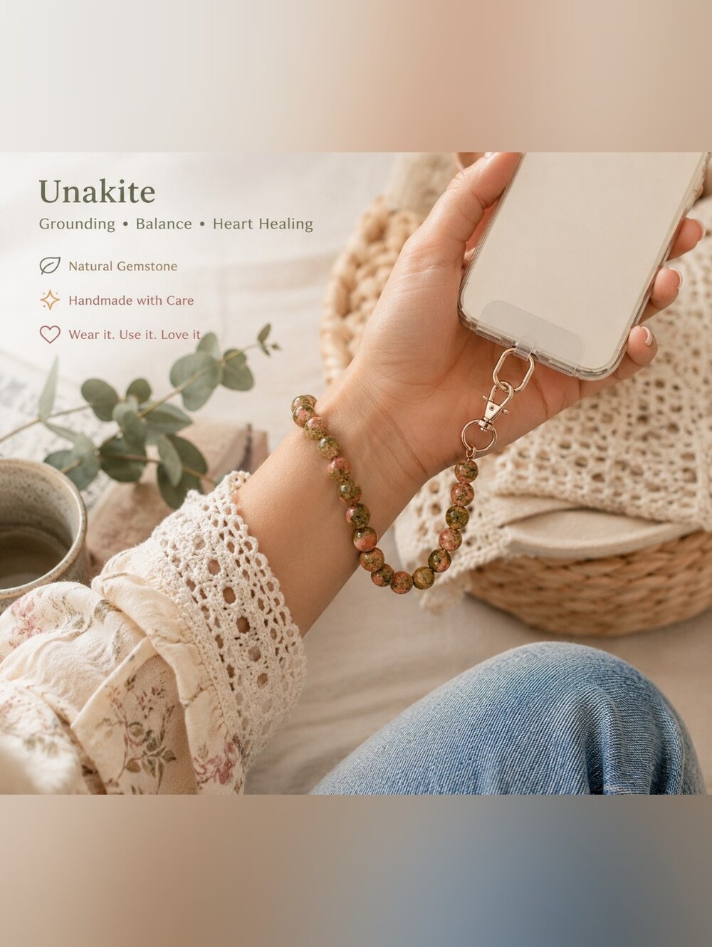 Natural Unakite Gemstone Beaded Phone Wrist Lanyard Bracelet Gold Clip